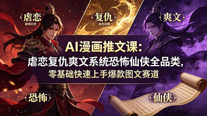AI漫画推文课：虐恋复仇爽文系统恐怖仙侠全品类，零基础快速上手爆款图文赛道-优优云网创