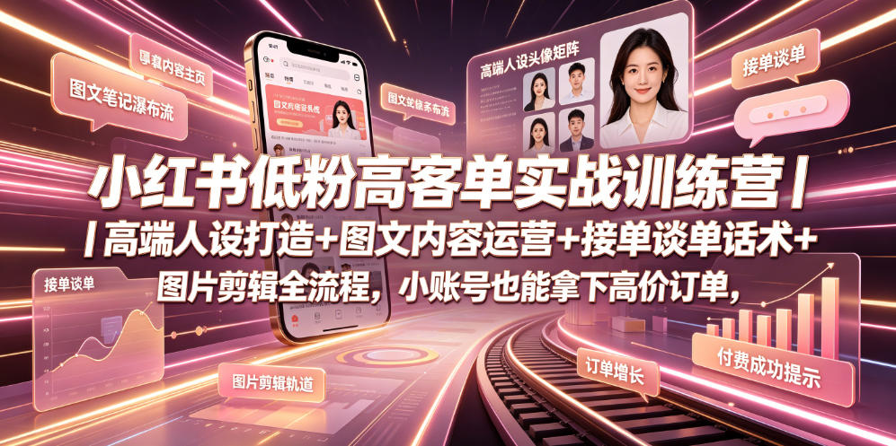 小红书低粉高客单实战训练营｜高端人设打造+图文内容运营+接单谈单话术+图片剪辑全流程，小账号也能拿下高价订单-优优云网创