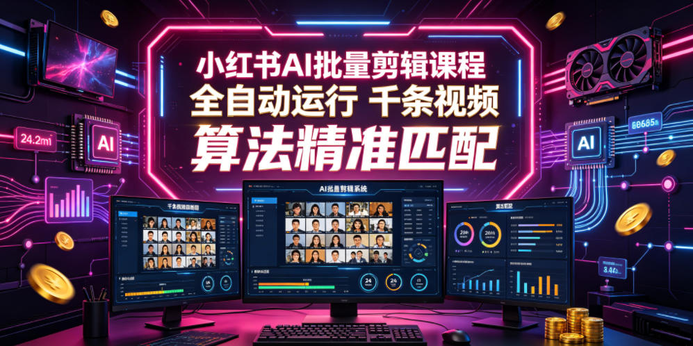 小红书AI批量剪辑课程，24小时全自动运行，解放双手专注运营，千条视频批量处理，小红书算法精准匹配-优优云网创