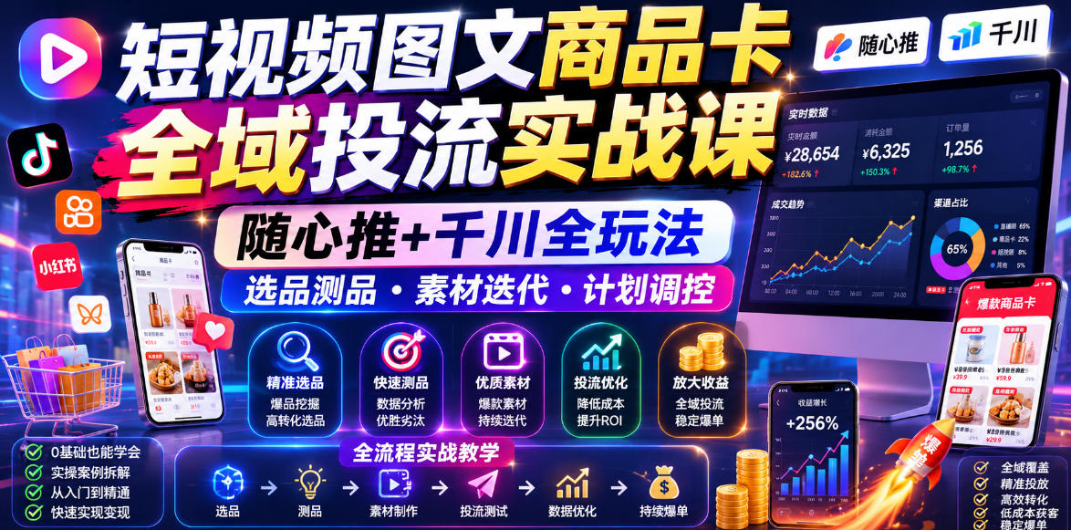 短视频图文商品卡全域投流实战课，随心推+千川全玩法，选品测品・素材迭代・计划调控，提升ROI爆单增收教程-优优云网创