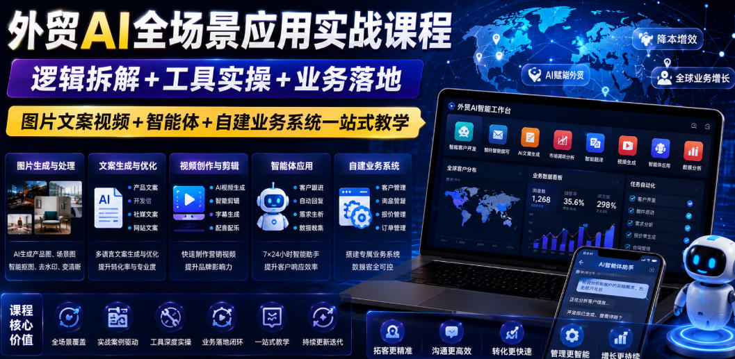 外贸AI全场景应用实战课程｜逻辑拆解+工具实操+业务落地，图片文案视频+智能体+自建业务系统一站式教学-优优云网创