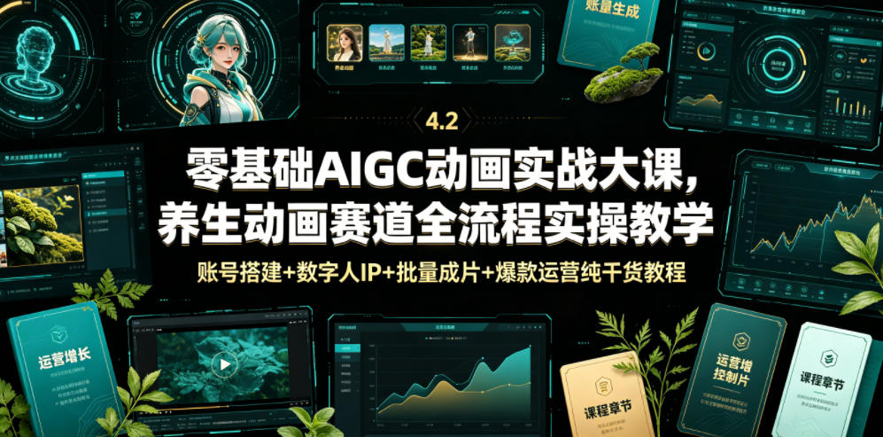 零基础AIGC动画实战大课，养生动画赛道全流程实操教学，账号搭建+数字人IP+批量成片+爆款运营纯干货教程-优优云网创
