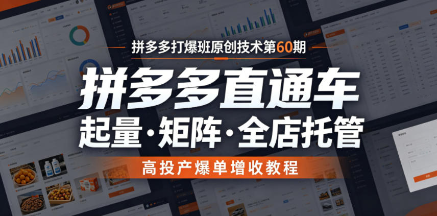 拼多多打爆班原创技术第60期，拼多多直通车，起量・矩阵・全店托管，高投产爆单增收教程-优优云网创