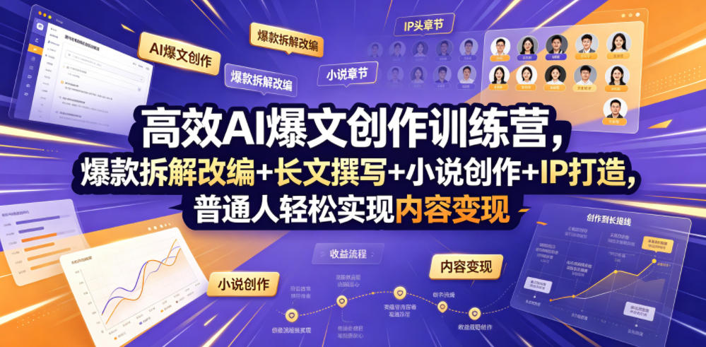 高效AI爆文创作训练营，爆款拆解改编+长文撰写+小说创作+IP打造，普通人轻松实现内容变现-优优云网创