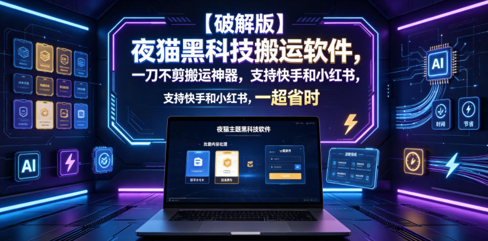 【破解版】夜猫黑科技搬运软件，一刀不剪搬运神器，支持快手和小红书，一键搬运超省时！-优优云网创