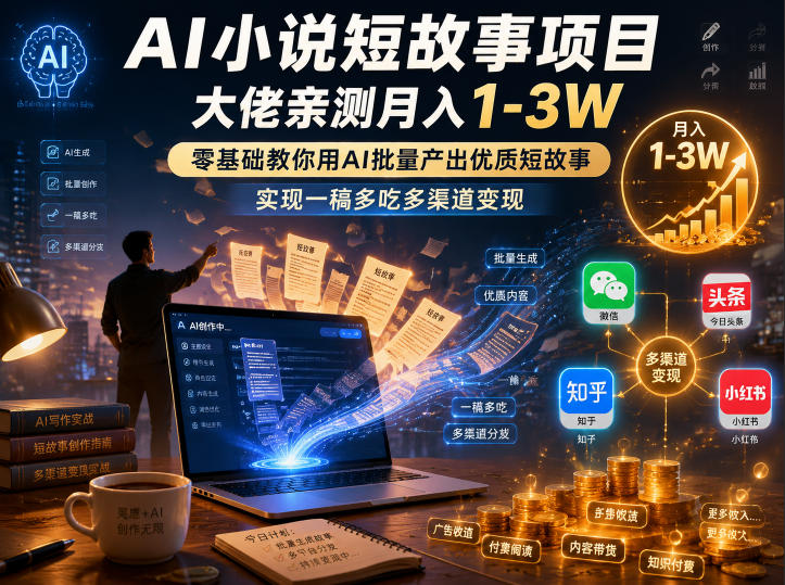 AI小说短故事项目,大佬亲测月入1-3W,零基础教你用AI批量产出优质短故事,实现一稿多吃多渠道变现-优优云网创