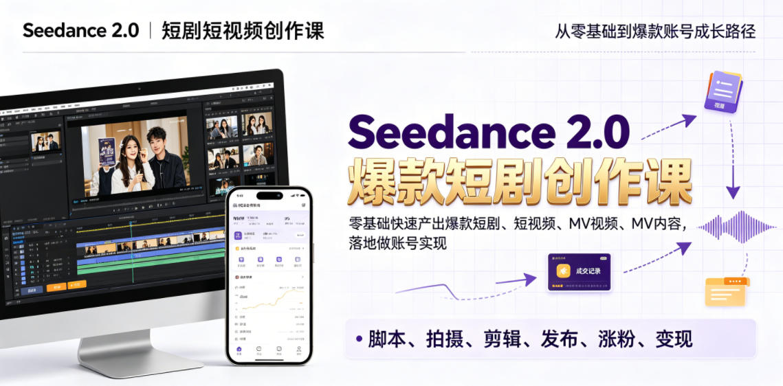 Seedance 2.0短剧短视频创作课，零基础快速产出爆款短剧、短视频、MV内容，落地做账号实现变现-优优云网创