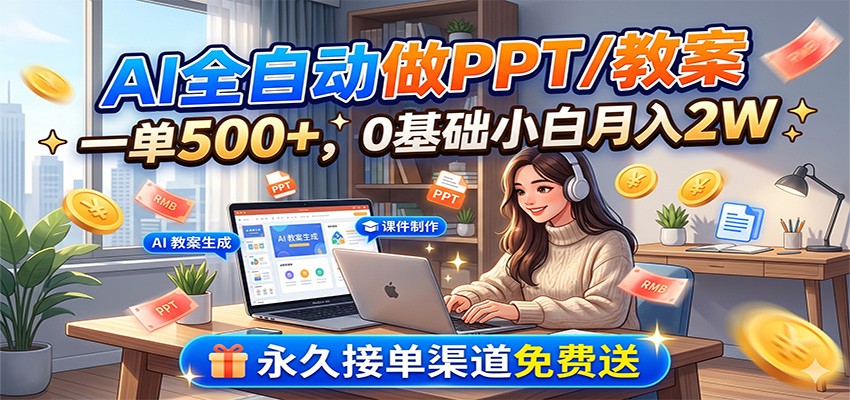 AI全自动做PPT/教案，一单500+，0基础小白月入2W，永久接单渠道免费送-优优云网创