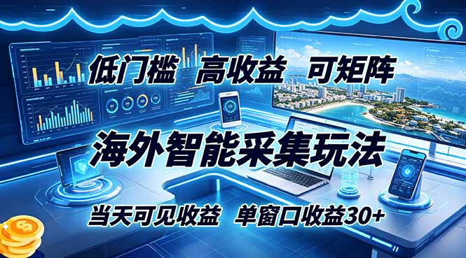 海外智能采集玩法，低门槛高单价可矩阵，当天可见收益，单窗口30+-优优云网创