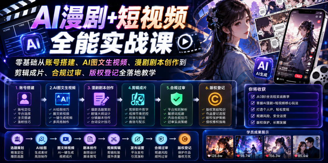AI漫剧+短视频全能实战课｜零基础从账号搭建、AI图文生视频、漫剧剧本创作到剪辑成片、合规过审、版权登记全落地教学-优优云网创