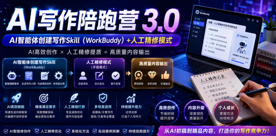 AI写作陪跑营3.0,Ai智能体创建写作skill(workbuddy)+人工手写模式(手搓模式),去除AI痕迹(头条号、公众号、百家号)-优优云网创