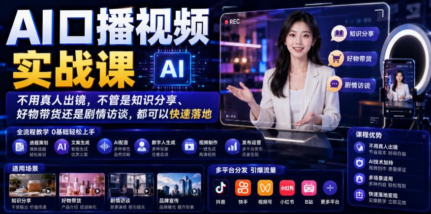 AI口播视频实战课，不用真人出镜，不管是知识分享、好物带货还是剧情访谈，都可以快速落地-优优云网创