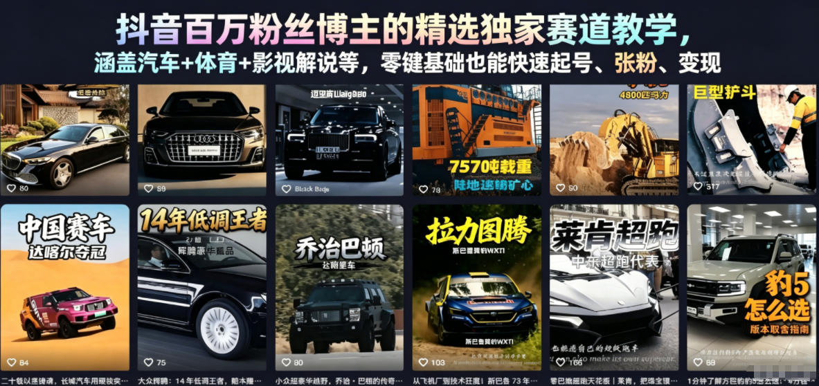 抖音百万粉丝博主的精选独家赛道教学,涵盖汽车+体育+影视解说等,零基础也能快速起号、涨粉、变现(更新0701)-优优云网创