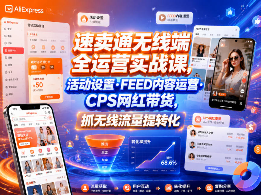 速卖通无线端全运营实战课，活动设置・FEED内容运营・CPS网红带货，抓无线流量提转化-优优云网创