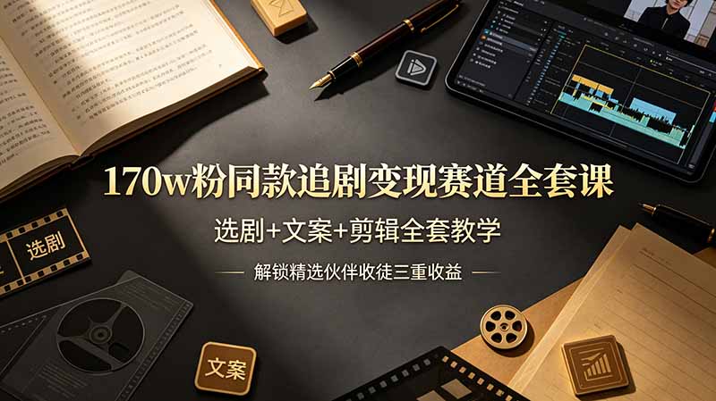 170w粉博主同款追剧变现赛道全套课，选剧+文案+剪辑全套教学，解锁精选伙伴收徒三重收益-优优云网创