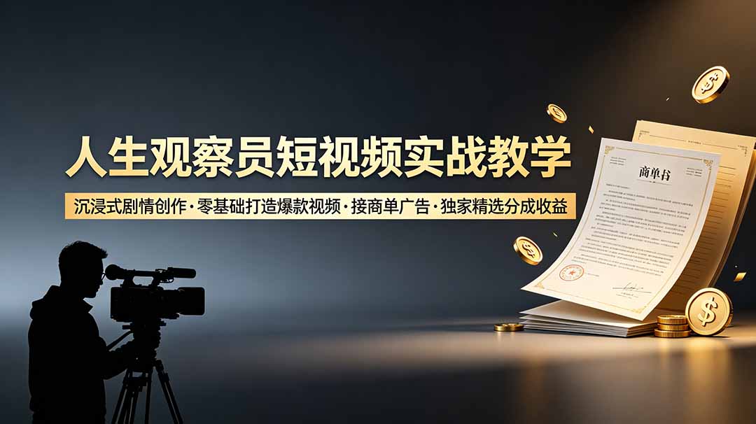 人生观察员短视频实战教学，沉浸式剧情创作，零基础打造爆款视频，接商单广告，独家精选分成收益-优优云网创