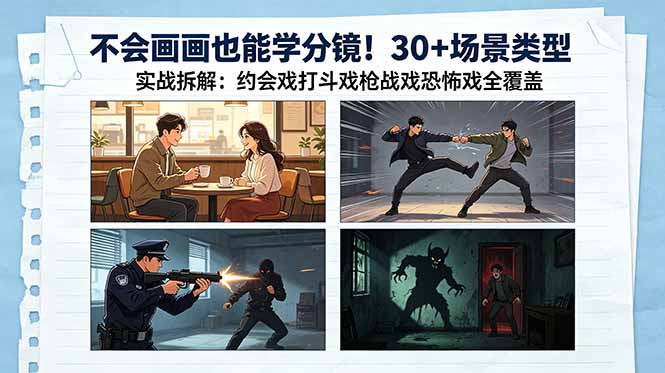 不会画画也能学分镜！30+场景类型实战拆解：约会戏打斗戏枪战戏恐怖戏全覆盖-优优云网创