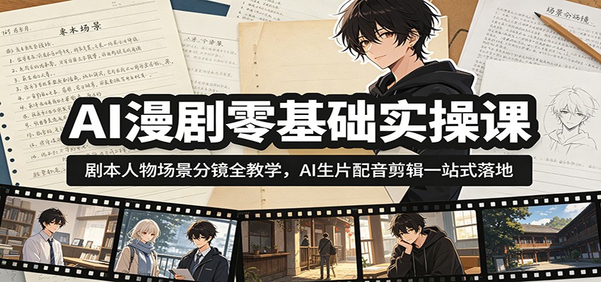 AI漫剧零基础实操课:剧本人物场景分镜全教学,AI生片配音剪辑一站式落地-优优云网创