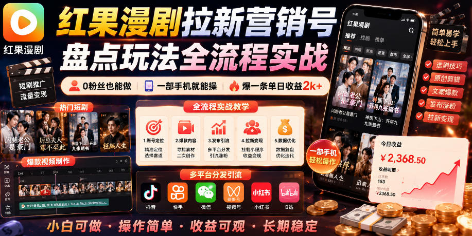 红果漫剧拉新营销号盘点玩法全流程实战，0粉丝也能做，一部手机就能做，爆一条单日收益2k+(更新0628)-优优云网创
