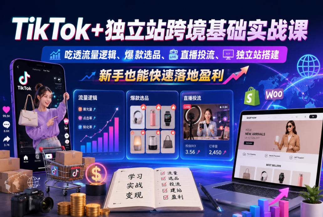TikTok+独立站跨境基础实战课，吃透流量逻辑、爆款选品、直播投流与独立站搭建，新手也能快速落地盈利-优优云网创