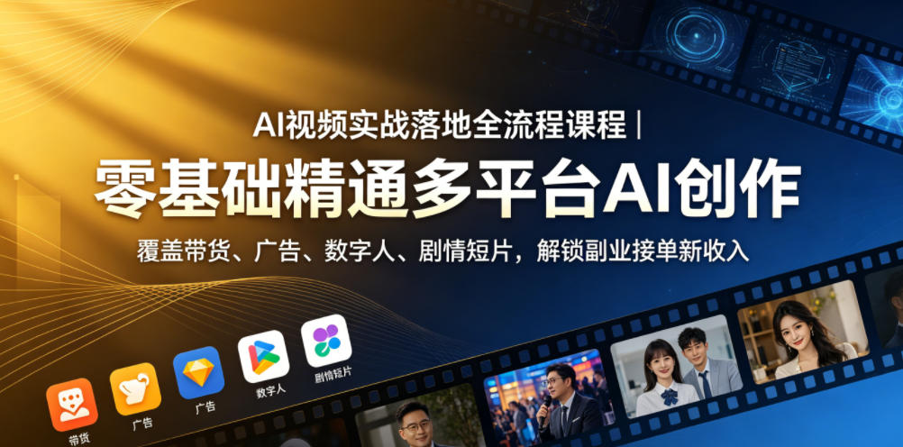 AI视频实战落地全流程课程｜零基础精通多平台AI创作，覆盖带货、广告、数字人、剧情短片，解锁副业接单新收入-优优云网创