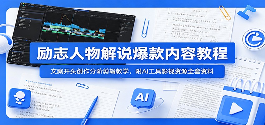 励志人物解说爆款内容教程：文案开头创作分阶剪辑教学，附AI 工具影视资源全套资料-优优云网创