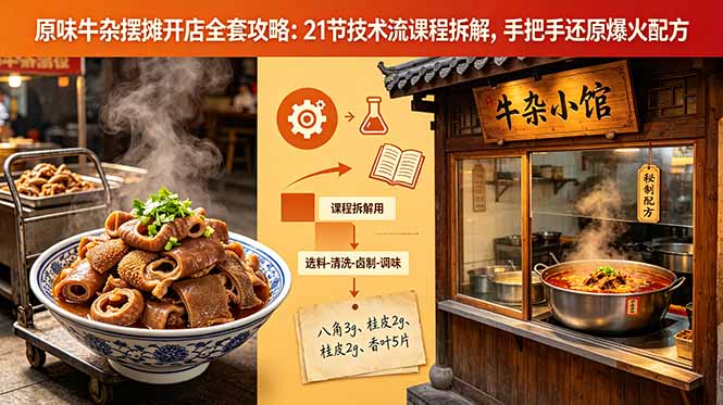 原味牛杂摆摊开店全套攻略:21节技术流课程拆解,手把手还原爆火配方-优优云网创