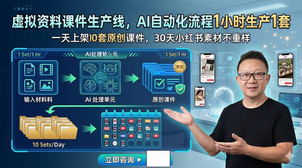 虚拟资料课件生产线，AI自动化流程1小时生产1套，一天上架10套原创课件，30天小红书素材不重样-优优云网创